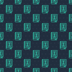 Green line Book with mathematics icon isolated seamless pattern on blue background. Math book. Education concept about back to school. Vector