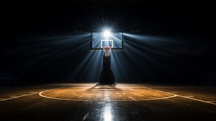 A lone basketball net under a spotlight, casting shadows on a court