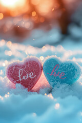 Obraz premium Two hearts in the snow with the words love.