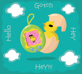Tamagotchi - retro portable pocket game of 90s. Vector illustration