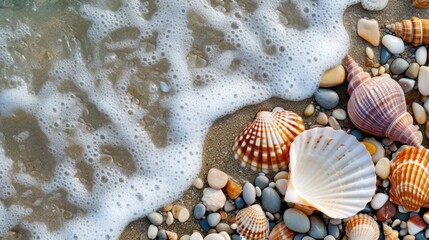Fototapeta na wymiar Seashells and pebbles adorn the shore, adding natural beauty to the beachscape
