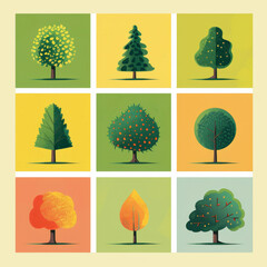 Fototapeta premium Draw illustrations of various types of trees using a nine grid layout.