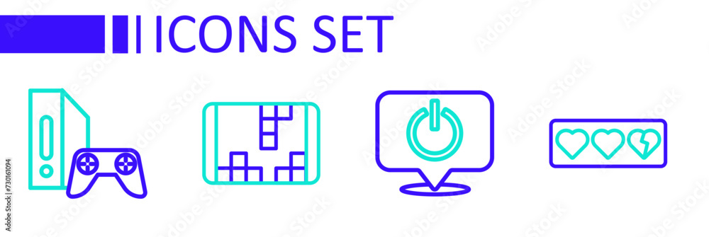 Poster set line game life bar, power button, portable video game console and with joystick icon. vector