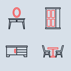 Set line Wardrobe, TV table stand, Table with chair and Dressing icon. Vector