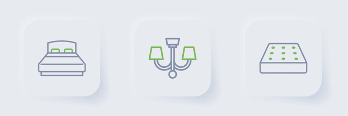 Set line Mattress, Chandelier and Big bed icon. Vector