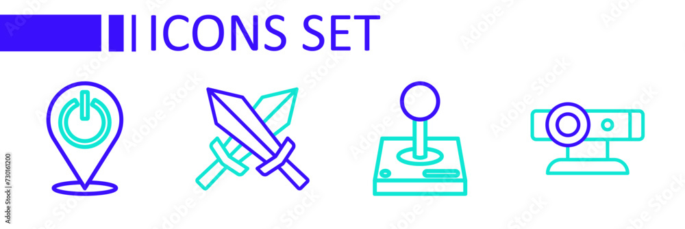 Poster set line web camera, joystick for arcade machine, sword game and power button icon. vector