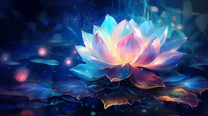 Watercolor digital fusion of a starlit lotus, its petals radiating a soft, otherworldly glow