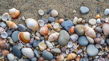 Obraz premium Seashells and pebbles adorn the shore, adding natural beauty to the beachscape