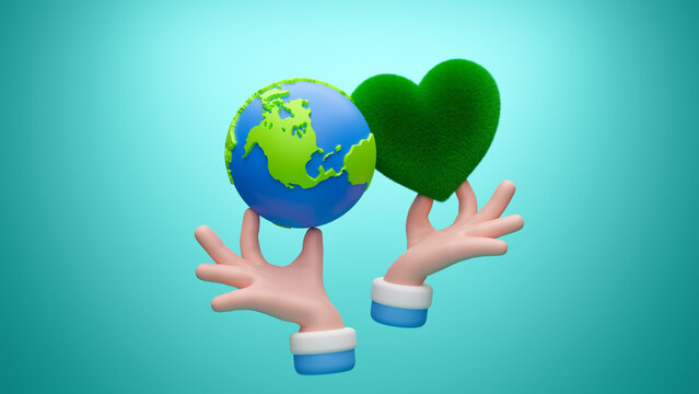 ECO friendly, concept of loving earth and nature, Ecology, protection of world environment and nature. Happy Earth Day, Save the Earth, Protect environmental and eco green life. 3d render illustration
