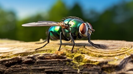 vibrant green fly perched delicately on a textured wooden surface