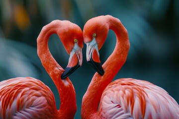 Naklejka premium Two flamingos share a tender moment as they engage in a grooming ritual