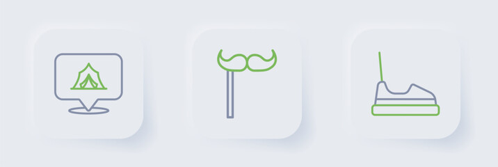 Set line Bumper car, Paper mustache on stick and Circus tent icon. Vector