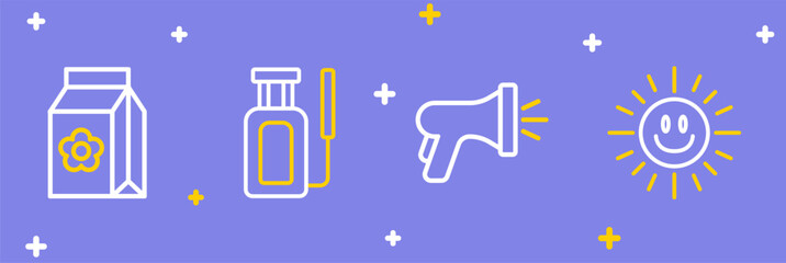 Set line Sun, Garden hose, sprayer for water and Pack full of seeds icon. Vector