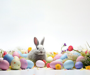 Fototapeta na wymiar Easter theme with bunny and painted eggs on a white background.