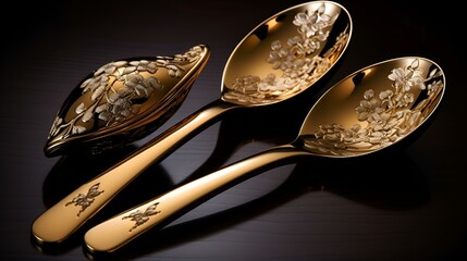 gold silver spoon on black background