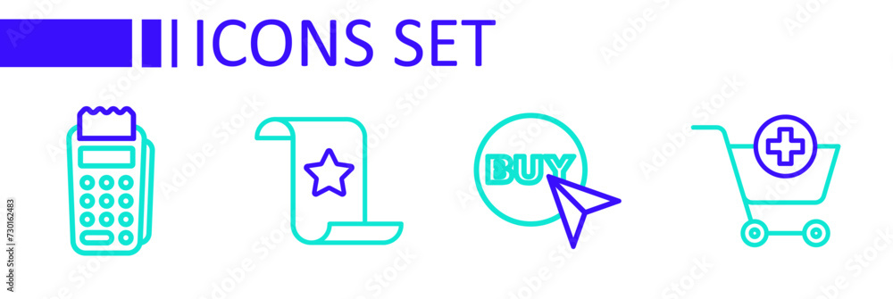 Poster set line add to shopping cart, buy button, paper check and financial check and pos terminal icon. ve