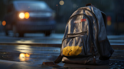 Obraz premium School backpack standing on mud.