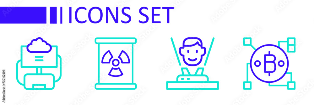 Poster set line blockchain technology bitcoin, hologram, radioactive waste barrel and cloud database icon. 
