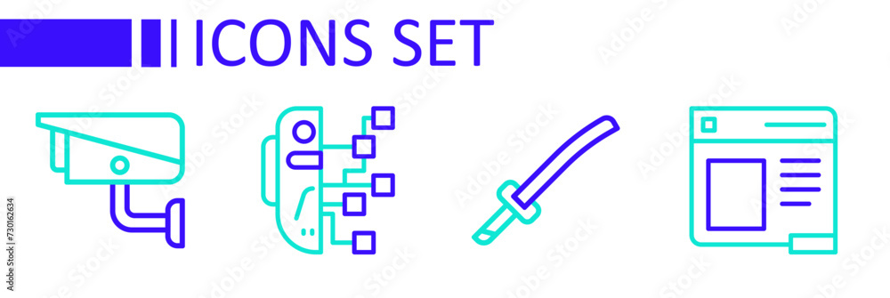 Poster set line browser window, katana, humanoid robot and security camera icon. vector