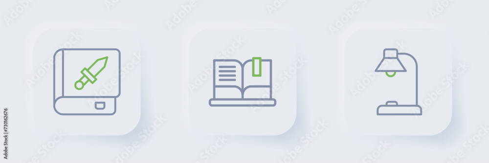 Poster set line table lamp, open book and book about weapon icon. vector
