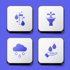 Set Test tube with water drop, Fountain, Cloud rain and Washing hands soap icon. White square button. Vector