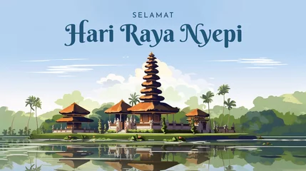 Fotobehang Translation : Happy Bali's Day of Silence and Hindu New Year Illustration, Nyepi Day and Hari Raya Saka, Hindu Ceremony © Darwin Vectorian