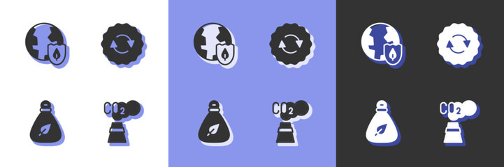 Set CO2 emissions in cloud, Earth with shield, Garbage bag and Recycle symbol icon. Vector