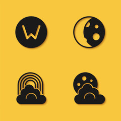 Set Compass north, Cloud with moon, Rainbow cloud and Moon phases icon with long shadow. Vector