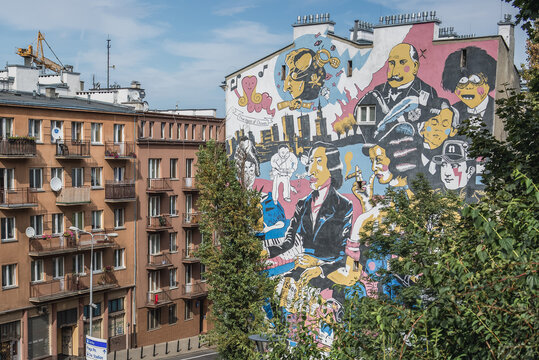 Warsaw, Poland - August 30, 2014: Fryderyk Chopin mural on a building wall on Tamka Street