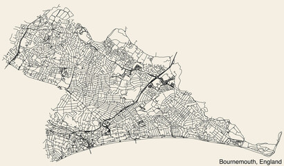 Detailed hand-drawn navigational urban street roads map of the United Kingdom city township of BOURNEMOUTH, ENGLAND with vivid road lines and name tag on solid background