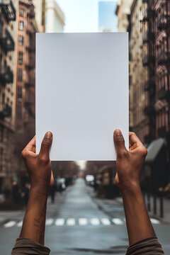 People person hands holding showing blank white empty paper board banner card billboard note board sign on street for text advertising message, protest concept