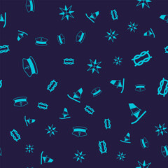 Set Captain hat, Nautical rope knots, Wind rose and Windsurfing on seamless pattern. Vector
