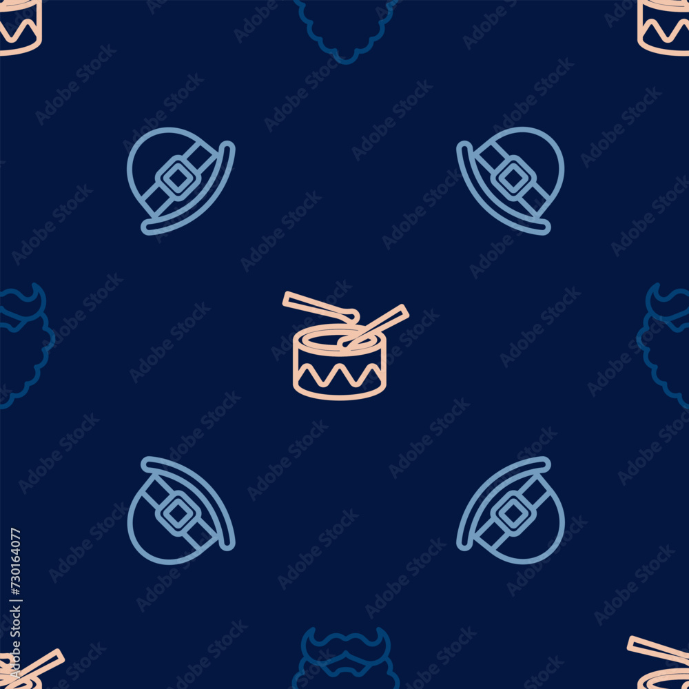 Poster set line mustache and beard, leprechaun hat and drum with drum sticks on seamless pattern. vector