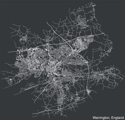 Detailed hand-drawn navigational urban street roads map of the United Kingdom city township of WARRINGTON, ENGLAND with vivid road lines and name tag on solid background
