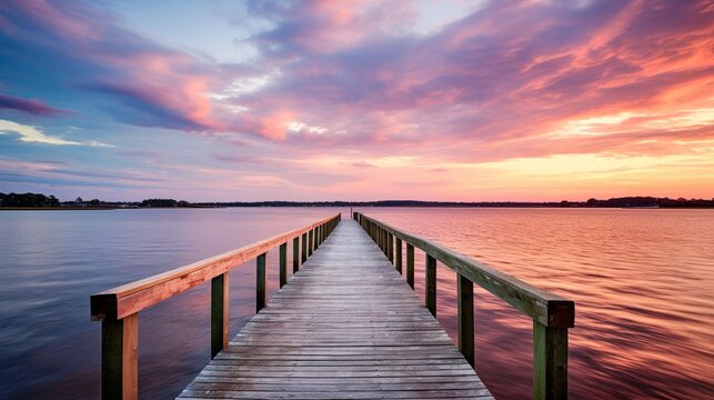 Seaside wooden pier at sunset, calm water, soft warm hues, reflective and still