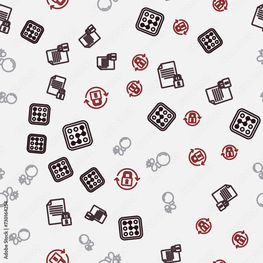 Poster set line graphic password protection, document and lock, bomb and lock on seamless pattern. vector
