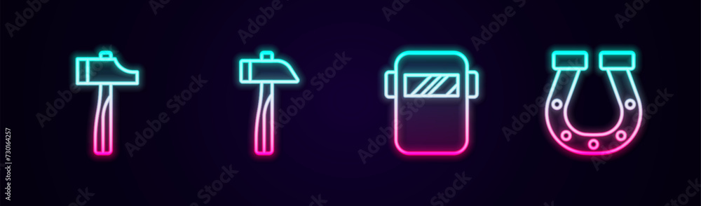 Wall mural Set line Hammer, Welding mask and Horseshoe. Glowing neon icon. Vector