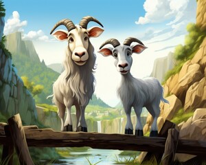 Beautiful Billy Goats Crossing Digital Bridge. Cute Cartoon Goats Daring to Cross over the Danger - obrazy, fototapety, plakaty