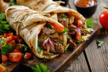 Savory Grilled Chicken Burritos Shawarma Served on a Wooden Platter in a Rustic Kitchen Setting