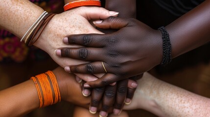 Close-up of intertwined hands of women from various ethnic backgrounds, symbolizing unity and support