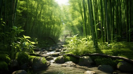 Verdant bamboo grove with sunlight filtering through the tall green stalks