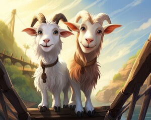The Three Billy Goats Gruff Crossing the Bridge - A Digital Cartoon of Cute and Beautiful Goats - obrazy, fototapety, plakaty