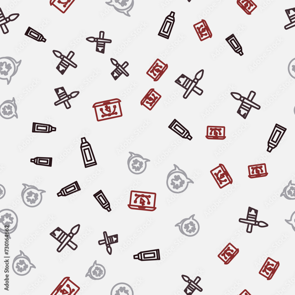 Poster set line tube with paint palette, paint brush, spray and computer design program on seamless pattern