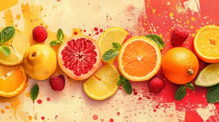 Minimalist fruit illustrations on a bold, colorful canvas evoke the flavors of summer - obrazy, fototapety, plakaty