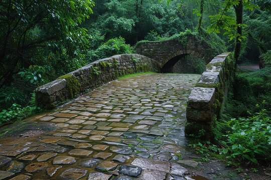 Ancient cobblestone footbridge in a historic village, nestled amidst lush greenery, a picturesque symbol reflecting the region's rich cultural heritage and timeless charm
