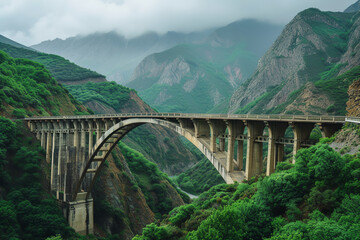 Mountainous region bridge, offering hikers and photographers panoramic views of majestic peaks and sprawling valleys, a popular spot for its breathtaking scenery and natural beauty. - obrazy, fototapety, plakaty