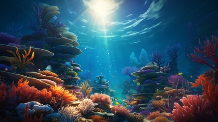 Naklejka na ściany i meble Underwater scene, coral reef, sunlight from above, vibrant marine life, tranquil depths