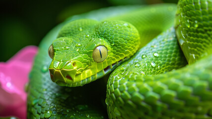 Obraz premium Closeup of green snake with yellow eyes. Green snake is symbol of 2025.