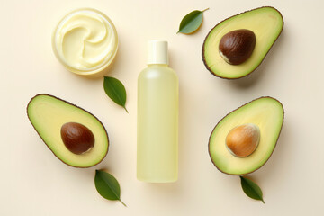 Various jars of cosmetics with cream, shampoo, oil, essence and ripe cut avocado fruits on light background, top view. Concept of natural cosmetics, face and body care, eco style. Mockup