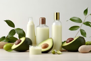 Various jars of cosmetics with cream, shampoo, oil, essence and ripe cut avocado fruits on light background. Concept of natural cosmetics, face and body care, eco style. Mockup